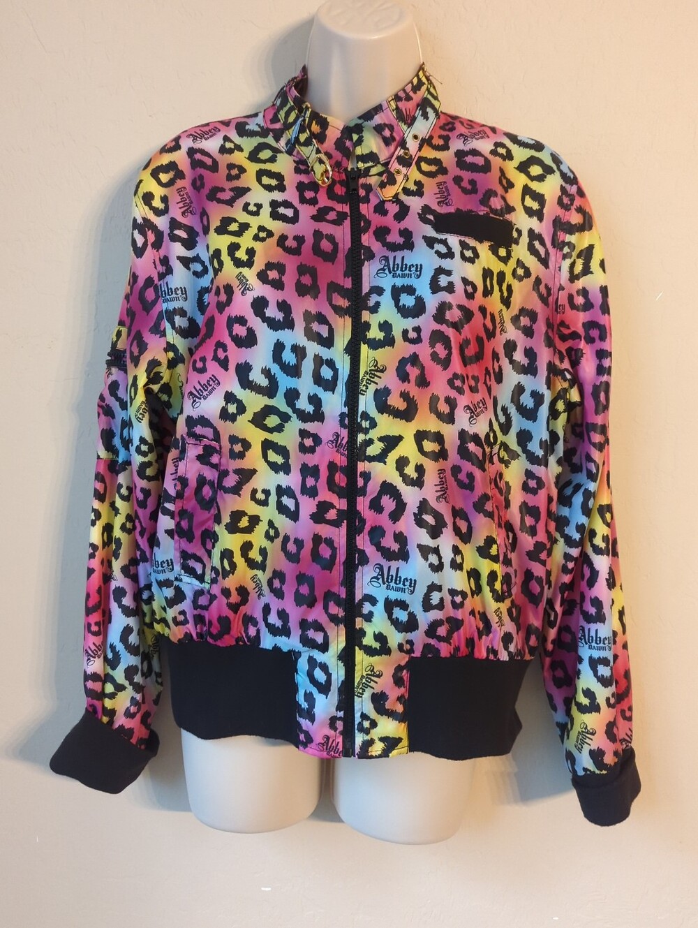 Abbey Dawn Avril Lavigne Sz XL Zip-Up Jacket Rainbow Leopard  Print Mock Neck